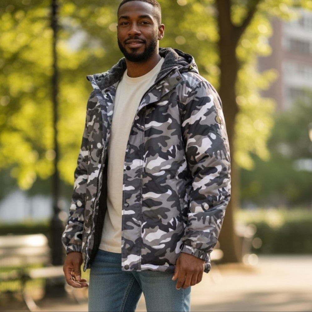Outdoor Sports Mens Camouflage Hooded Jacket Sherpa Lined Ski Snow Coat Hunter